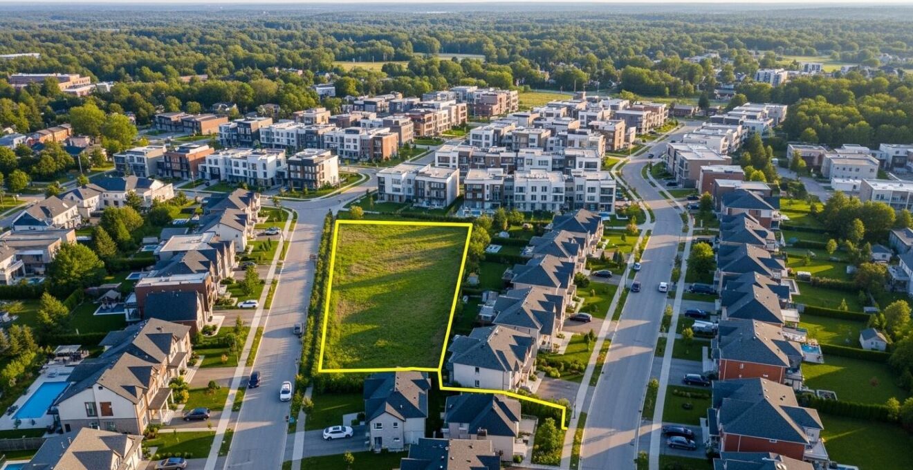 Vue aérienne conceptuelle d’un quartier résidentiel structuré, avec lotissements nets et espaces verts.