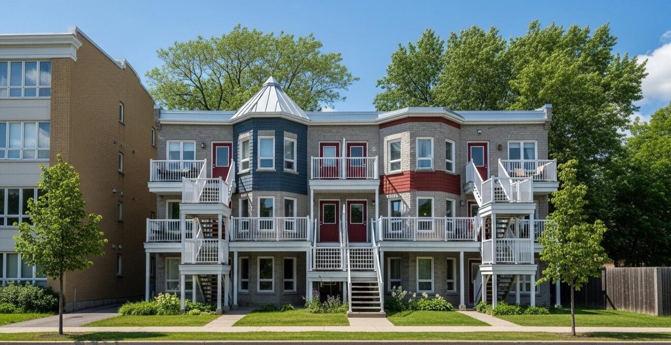 Photographie montrant la façade d’un petit immeuble résidentiel à plusieurs logements dans une rue résidentielle typique du Québec