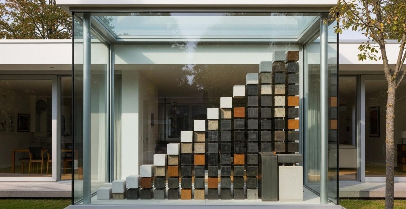 Maison moderne avec une pièce transparente montrant une structure de prêt illustrée comme une construction de richesse