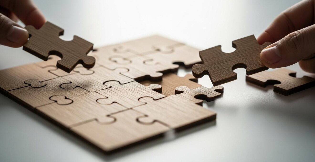 Pièces de puzzle en bois s'assemblant pour symboliser la lecture et la compréhension d'un rapport d'inspection