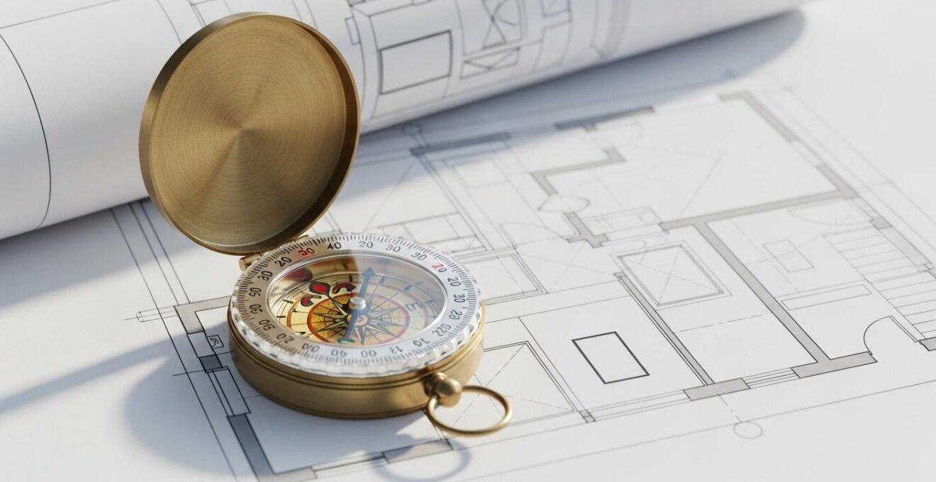 Photo conceptuelle d’une boussole posée sur un plan de maison, symbolisant la stratégie et l’orientation dans la négociation immobilière