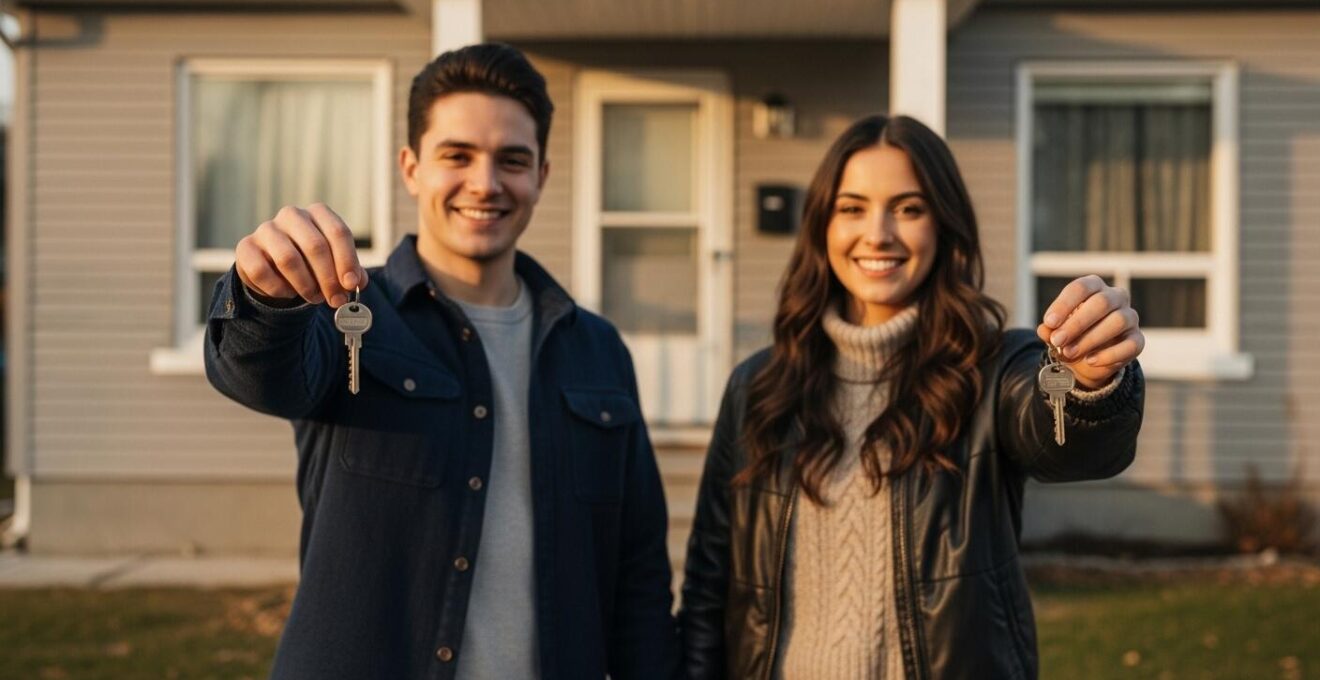 Un jeune couple québécois debout devant une petite maison typique, clés en main, exprimant la fierté du passage de locataire à propriétaire.
