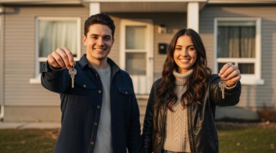 Un jeune couple québécois debout devant une petite maison typique, clés en main, exprimant la fierté du passage de locataire à propriétaire.