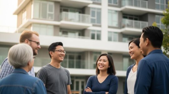 Photographie réaliste d'un immeuble en copropriété moderne avec des copropriétaires discutant en extérieur