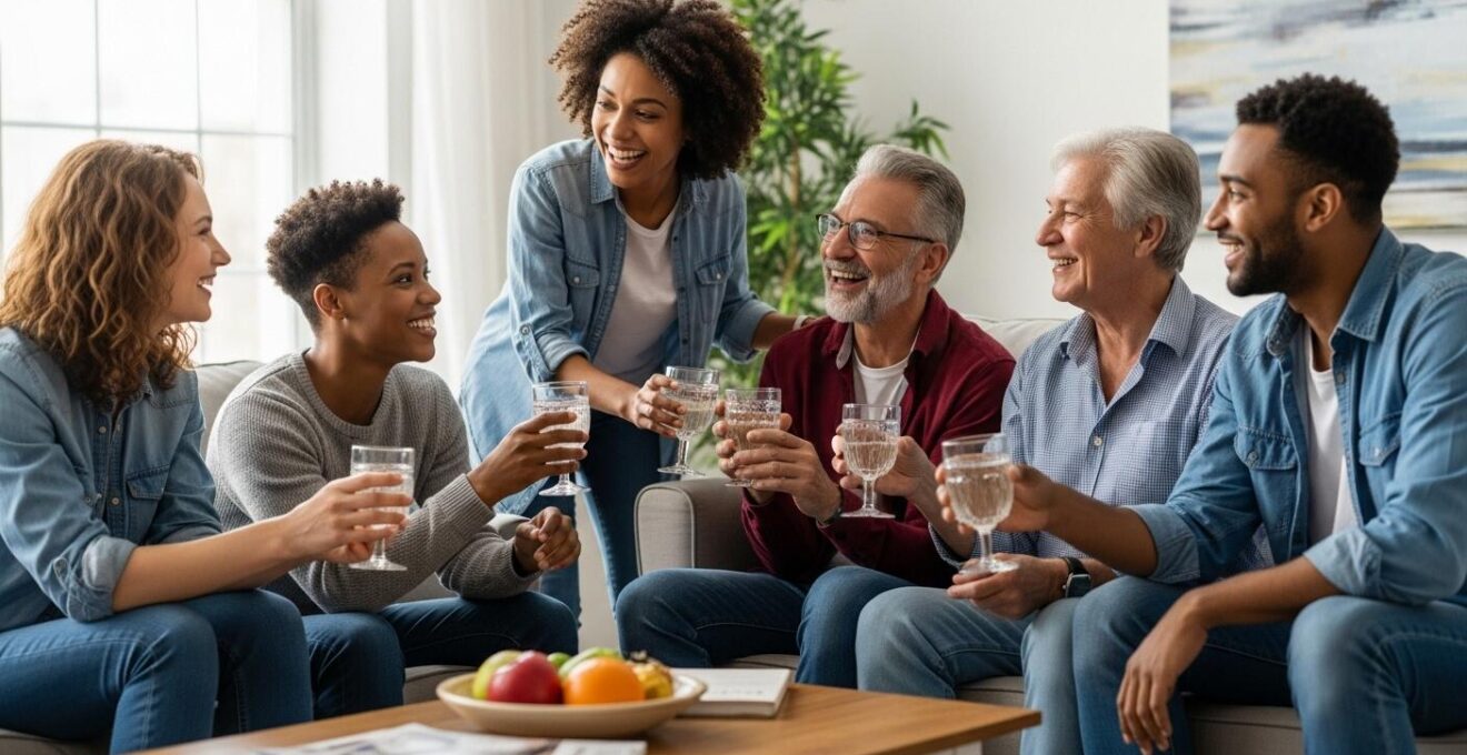 Vue d'un groupe diversifié de colocataires partageant un espace convivial dans un logement moderne au Québec