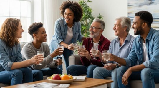 Vue d'un groupe diversifié de colocataires partageant un espace convivial dans un logement moderne au Québec