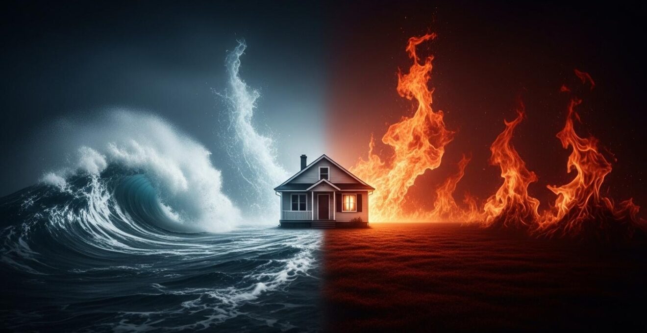 Illustration symbolique d'une maison entourée d'éléments naturels menaçants comme vagues d'eau et flammes stylisées