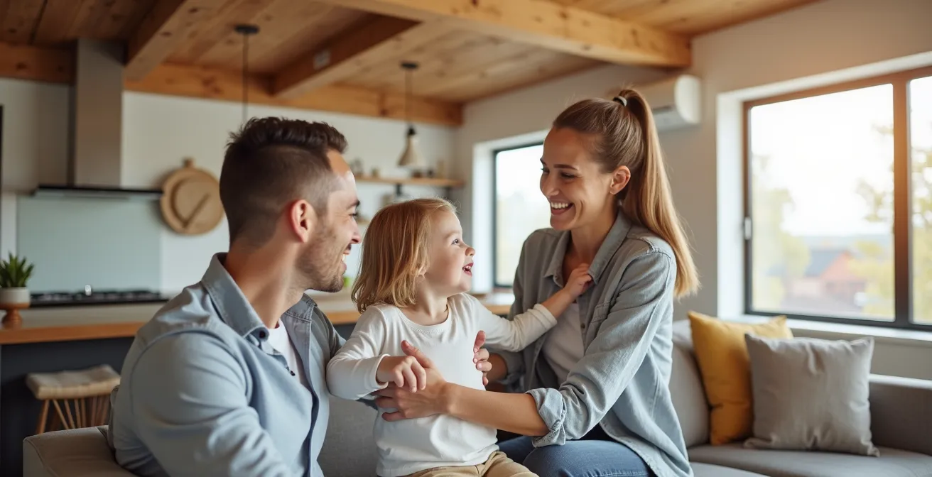Intérieur lumineux d'une maison québécoise avec cuisine et salon à aire ouverte après rénovation