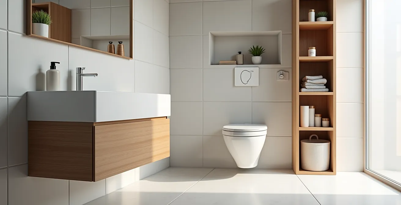 Aménagement optimisé d'une petite salle de bain avec solutions de rangement vertical et sanitaires compacts