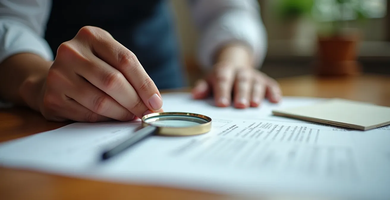 Gros plan sur des mains analysant des documents immobiliers avec loupe sur bureau québécois