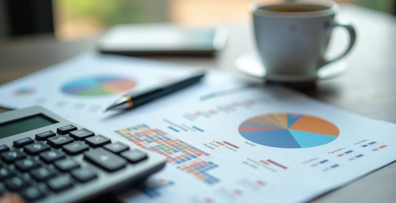 Gros plan sur des documents de copropriété avec calculatrice et graphiques abstraits