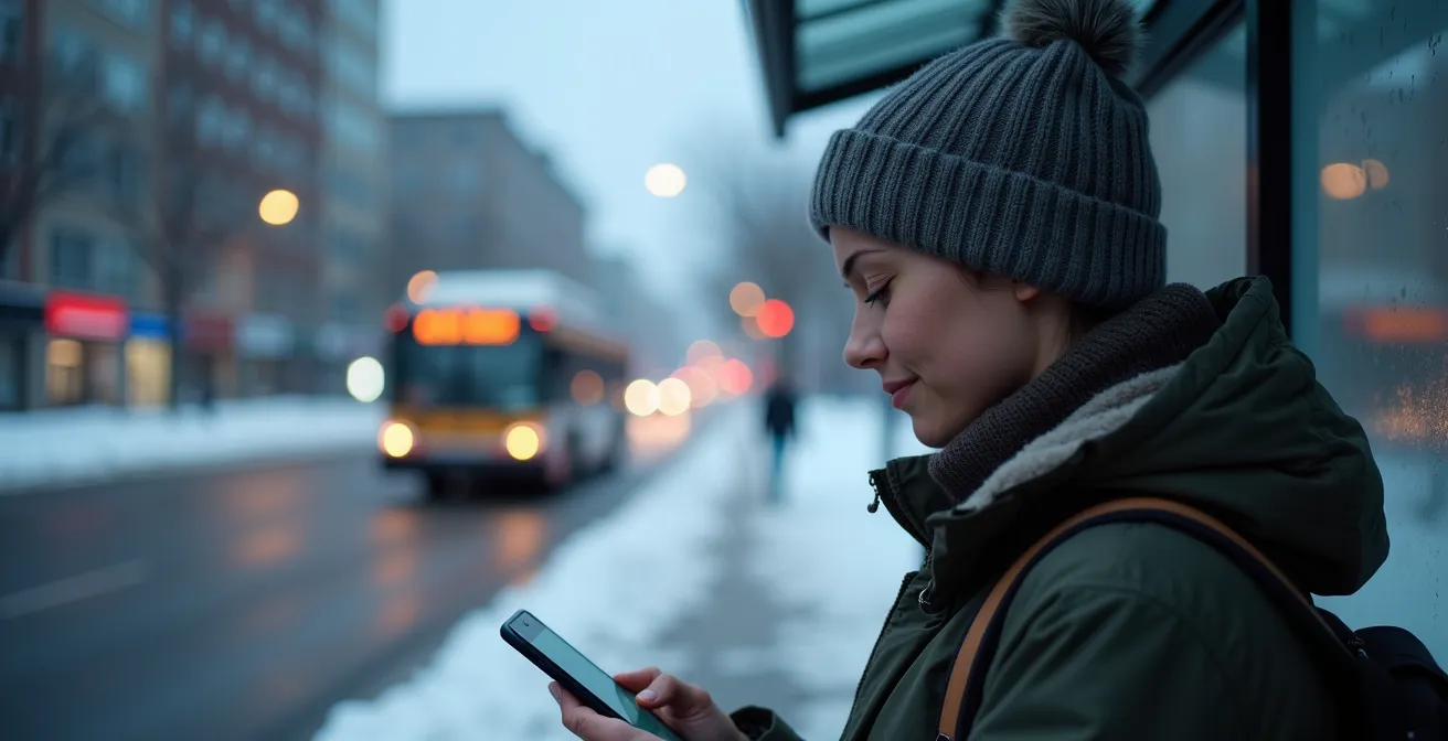 Arrêt de bus montréalais en hiver avec abribus et trottoir déneigé