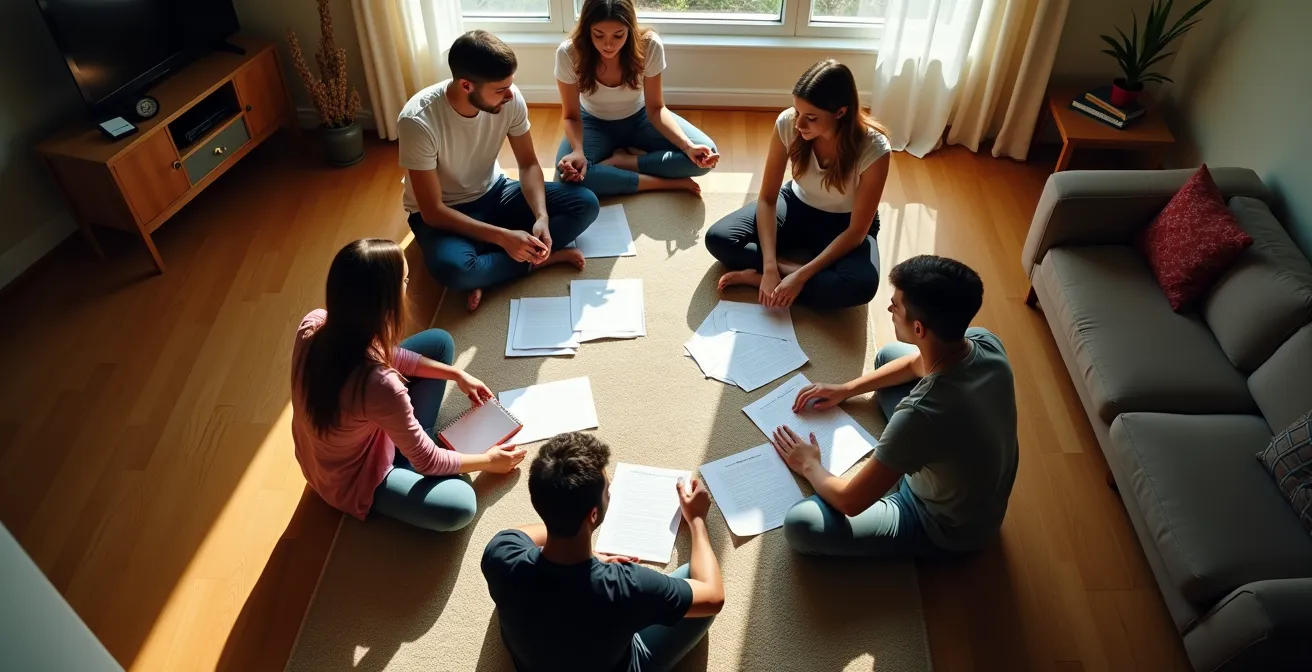 Colocataires assis en cercle dans un salon pour une réunion de colocation constructive