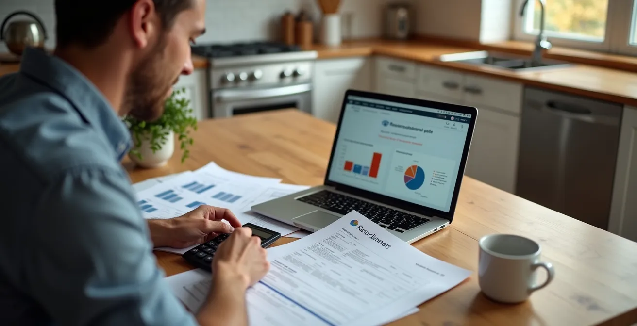 Propriétaire consultant des documents financiers pour planifier ses rénovations énergétiques