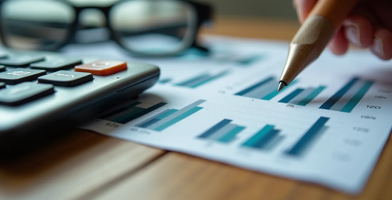 Calculatrice et graphiques financiers montrant l'évolution du coût d'une prime d'assurance sur 25 ans