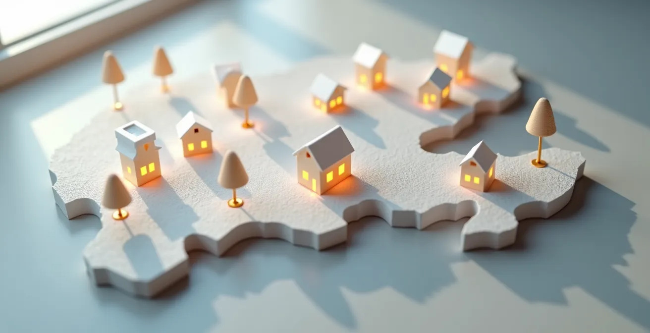 Carte symbolique du Québec avec des points lumineux représentant les villes offrant des programmes d'aide