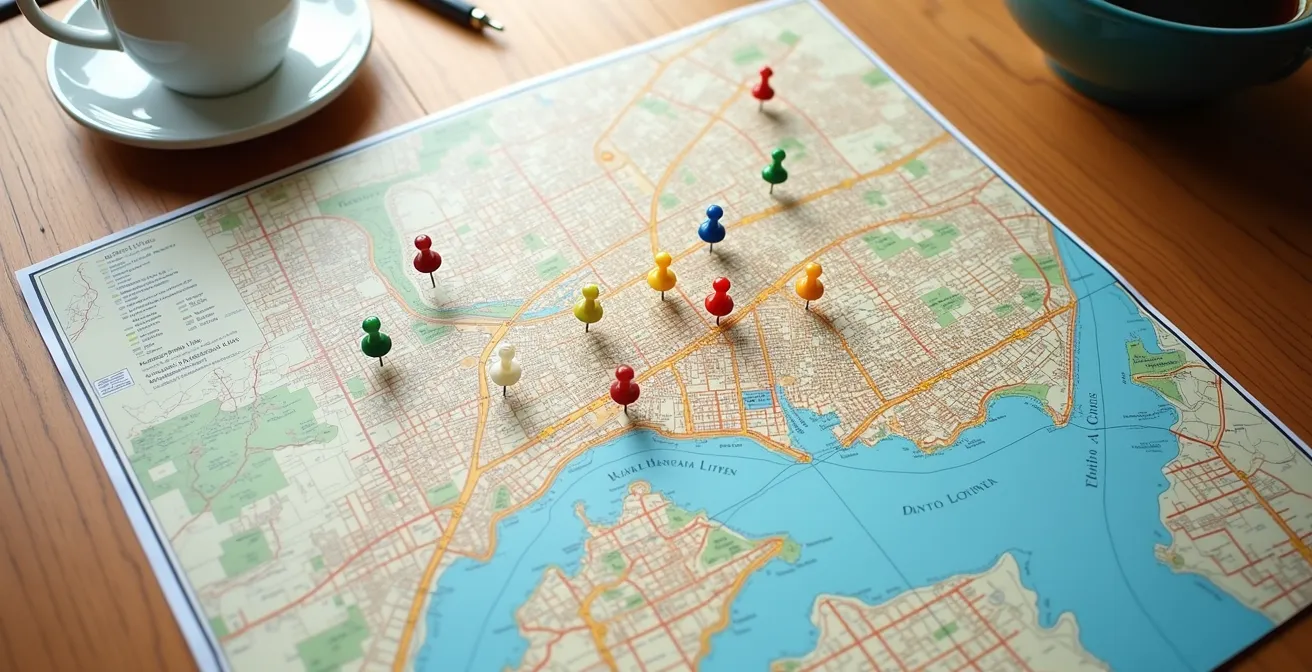 Vue aérienne d'une carte de quartier québécois avec épingles colorées marquant différentes zones