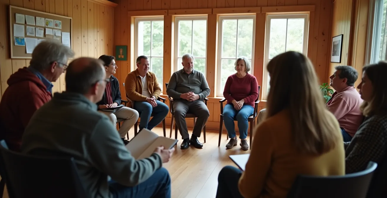 Groupe de résidents en cercle lors d'une réunion de sociocratie dans un espace commun