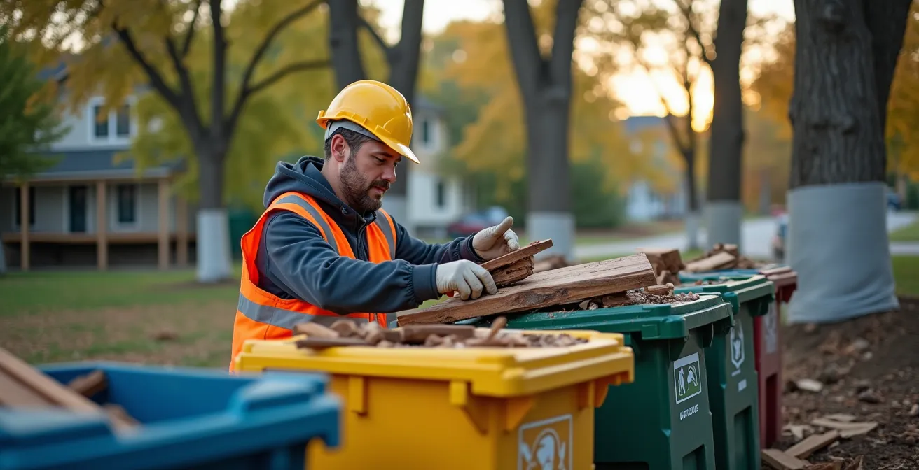 Chantier de rénovation écologique avec bacs de tri et protection de la végétation