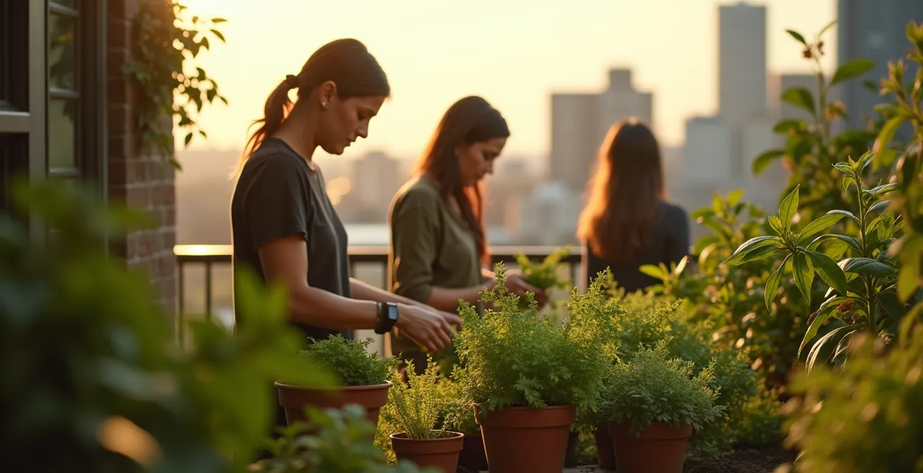 Vue large de colocataires travaillant ensemble sur un potager urbain sur balcon