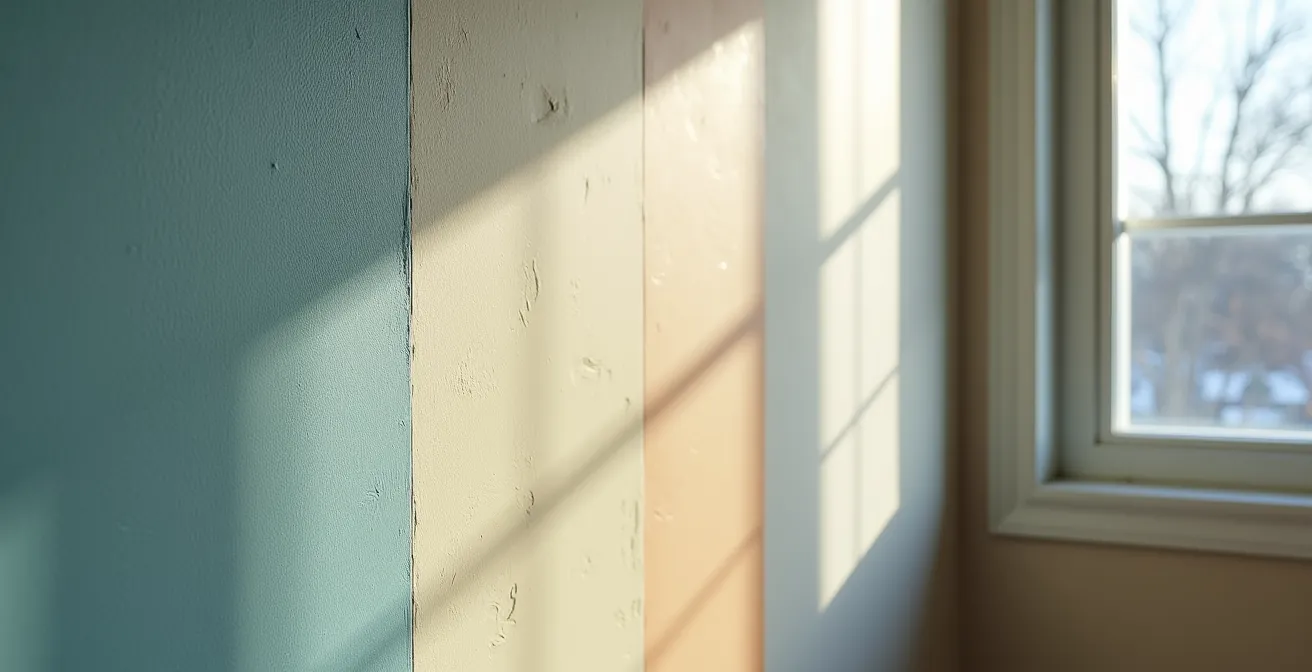 Mur québécois montrant quatre bandes verticales de peinture avec différents lustres sous lumière naturelle