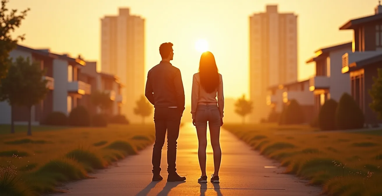 Trois types de propriétés québécoises côte à côte - condo moderne, maison unifamiliale et plex