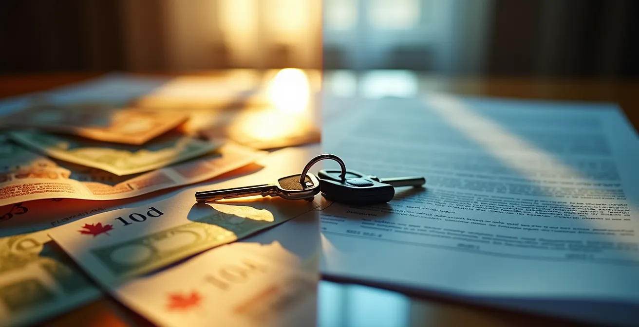 Comparaison visuelle entre louer et acheter une propriété au Québec avec calculs financiers abstraits