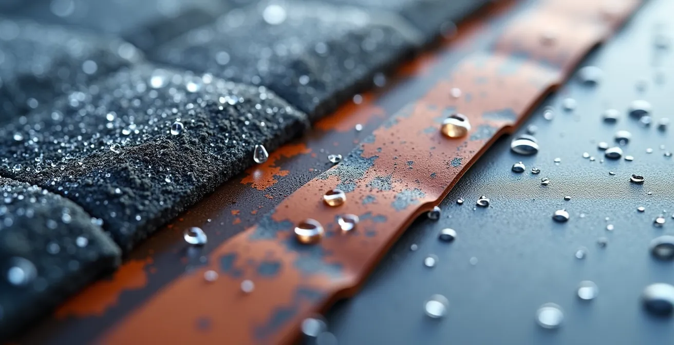 Gros plan sur différents échantillons de matériaux de toiture avec neige et glace