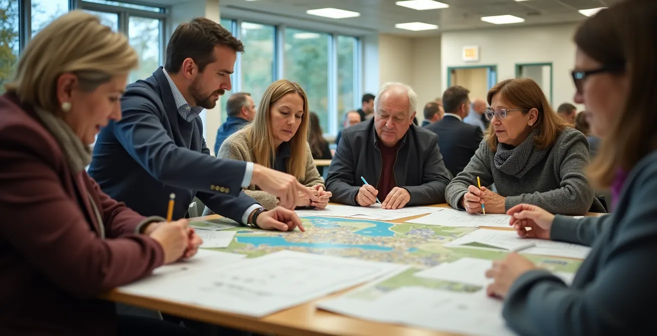 Salle de réunion municipale où des citoyens de divers âges consultent des plans d'aménagement et discutent avec des élus.