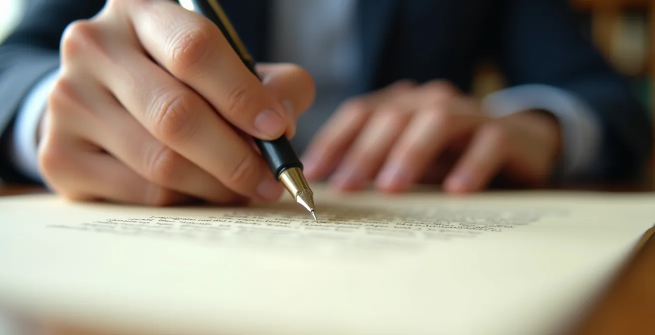 Vue macro de mains signant un document de colocation avec stylo plume