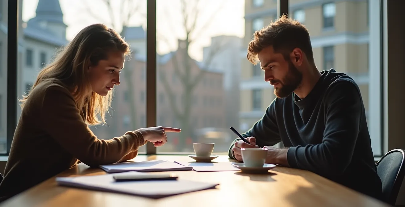 Couple québécois examinant des documents immobiliers avec vue sur le Vieux-Québec par la fenêtre