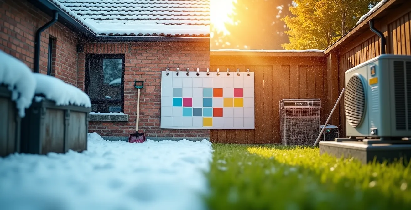 Composition artistique montrant les quatre saisons québécoises avec symboles de dépenses immobilières