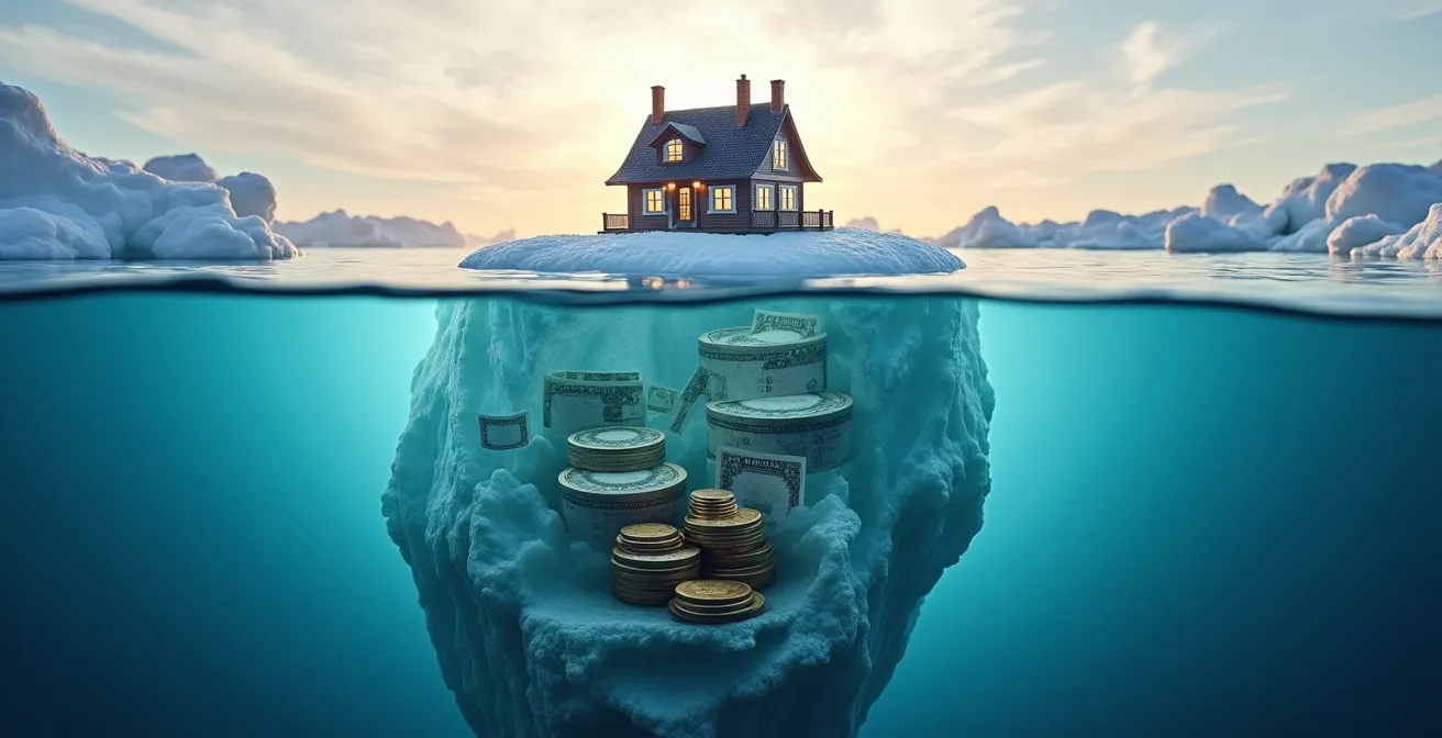 Visualisation métaphorique des coûts cachés de l'immobilier sous forme d'iceberg financier