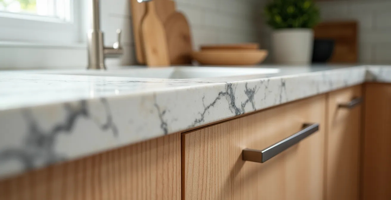 Gros plan sur les textures et matériaux d'une cuisine contemporaine québécoise avec bois local et pierre naturelle