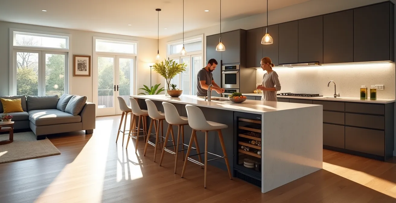 Îlot de cuisine moderne servant d'espace social avec tabourets hauts