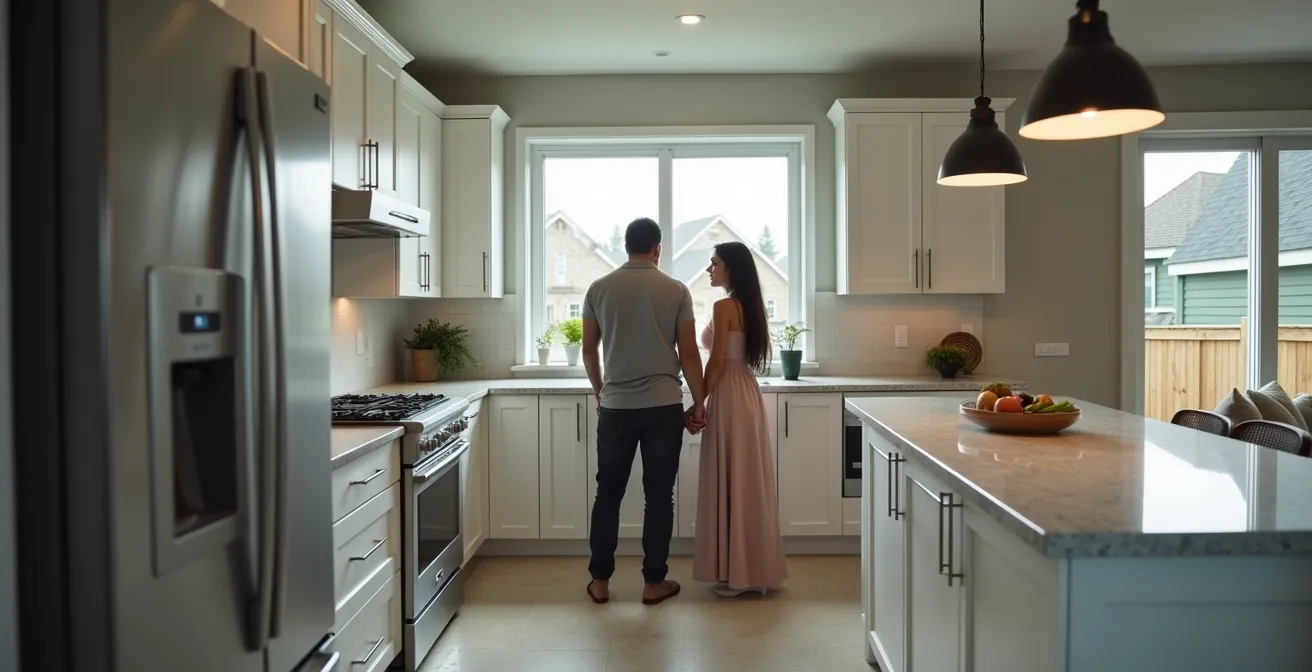 Cuisine luxueuse surdimensionnée contrastant avec l'architecture modeste d'un bungalow québécois typique