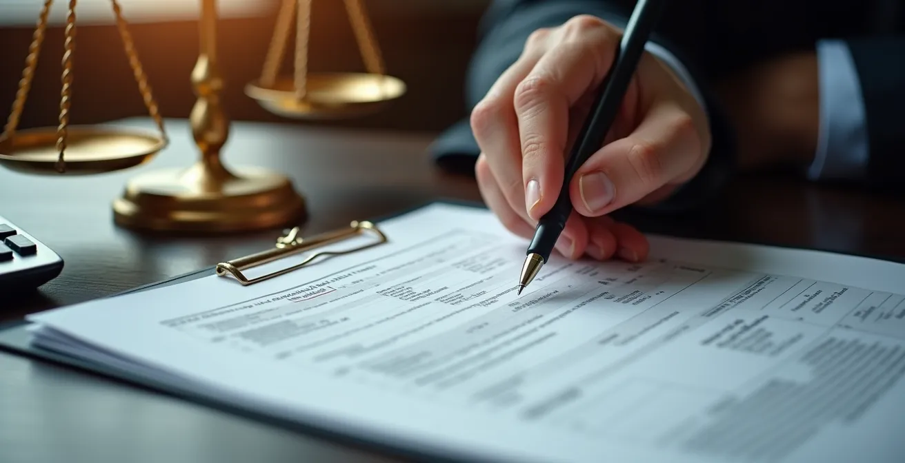 Mains d'un notaire montrant des documents à un client dans un bureau professionnel au Québec