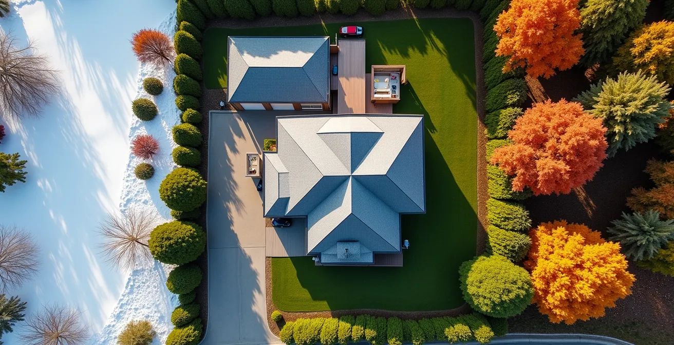 Composition visuelle montrant les quatre saisons québécoises autour d'une maison avec différentes activités familiales adaptées au climat