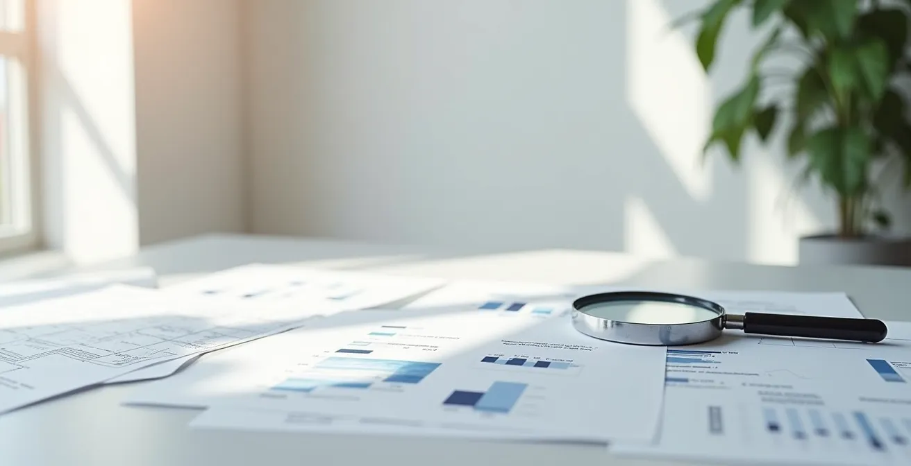 Bureau avec documents de copropriété étalés, loupe posée sur des états financiers