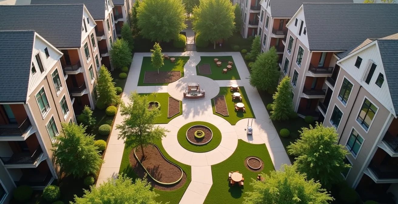 Vue aérienne d'une cour intérieure de cohabitat avec jardin communautaire et espaces de rencontre