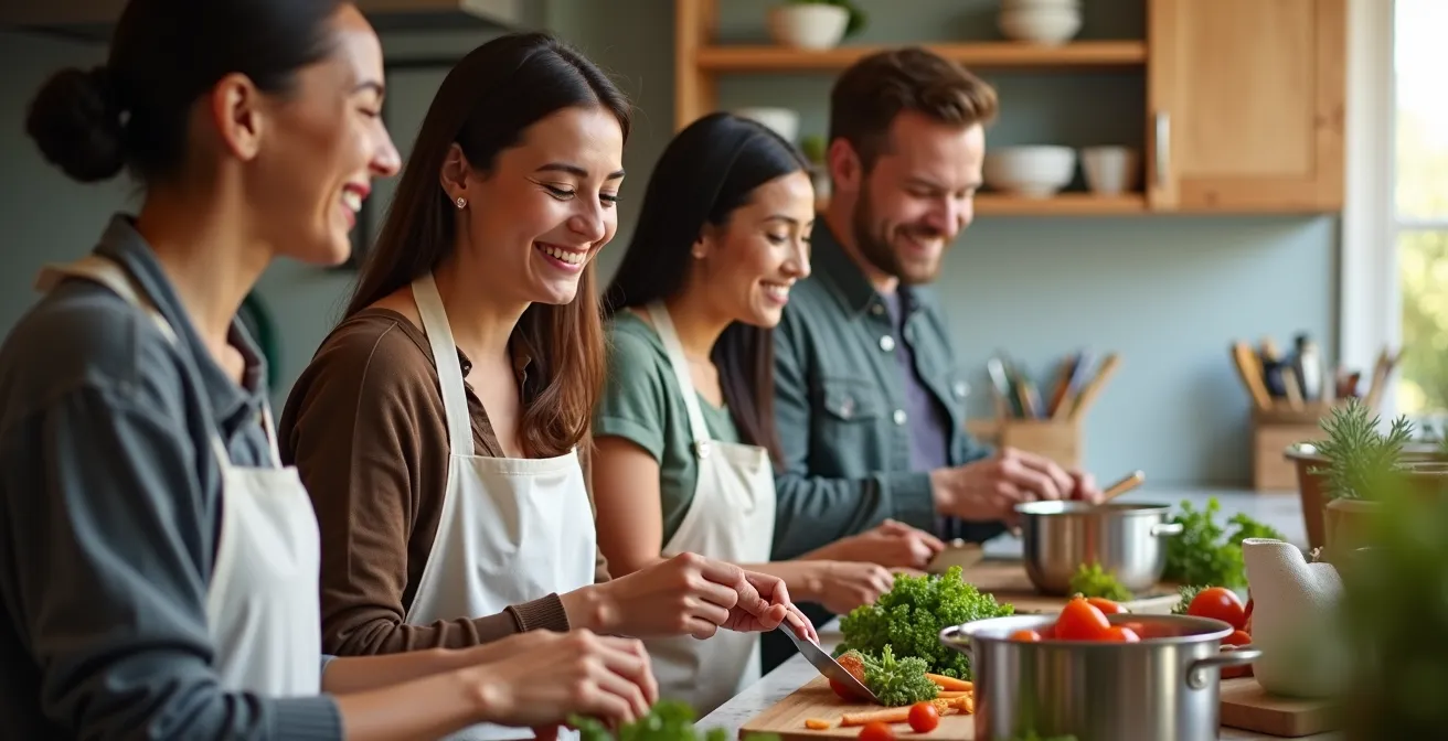 Groupe d'étudiants préparant ensemble un repas dans une cuisine commune de résidence universitaire