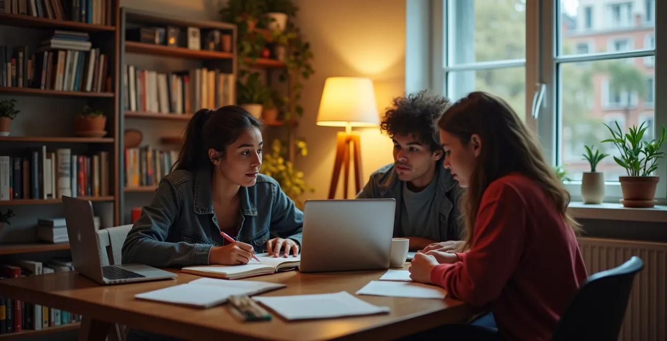 Étudiants révisant ensemble dans leur appartement en colocation, atmosphère studieuse et solidaire