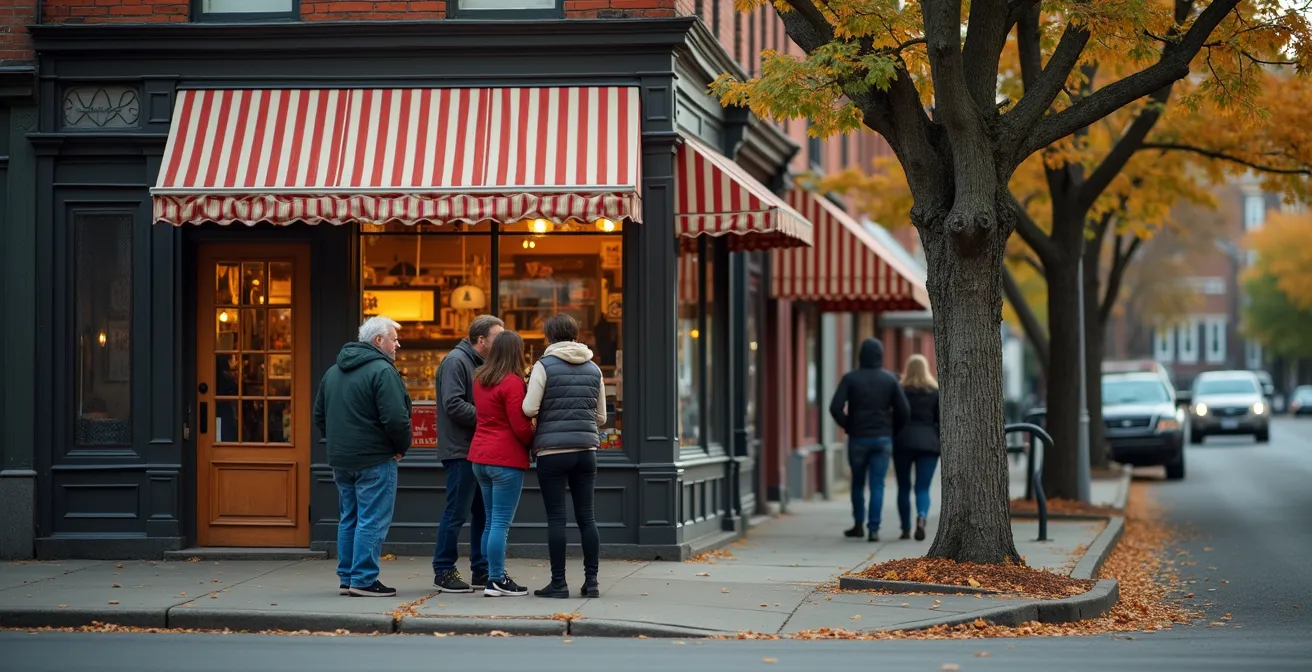 Scène de rue animée dans un quartier québécois avec dépanneur typique, résidents discutant et architecture locale