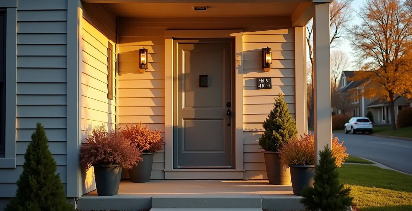 Façade accueillante d'une maison québécoise avec aménagement paysager soigné et éclairage chaleureux