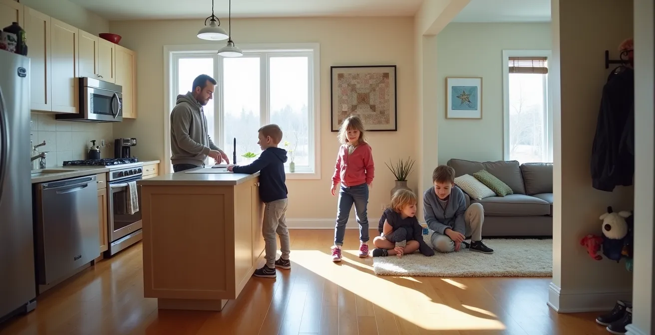 Famille québécoise dans un espace de vie multifonctionnel montrant différentes zones d'activités
