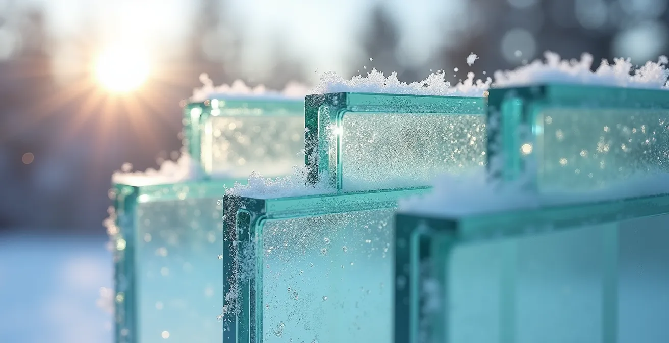 Détail macro d'une fenêtre triple vitrage avec condensation et cristaux de glace montrant l'isolation thermique