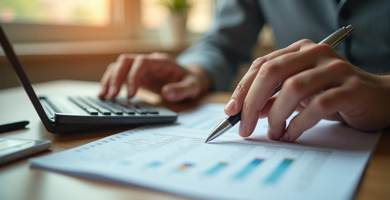 Vue macro d'une main tenant un smartphone avec application bancaire floue et calculatrice en arrière-plan