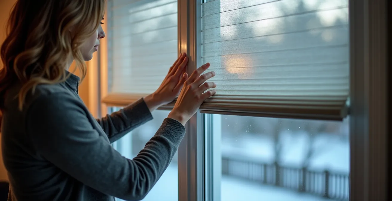 Fenêtres québécoises avec stores cellulaires et rideaux thermiques dans un intérieur lumineux