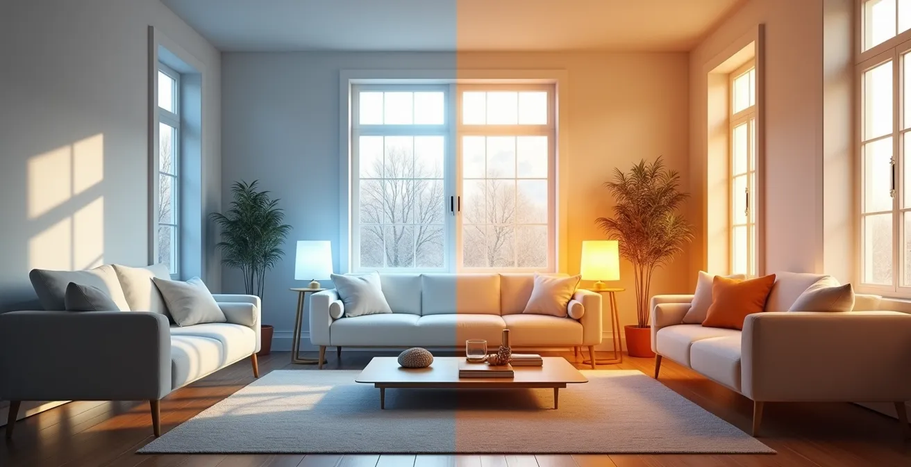 Salon québécois vide transformé virtuellement avec mobilier contemporain et décoration chaleureuse
