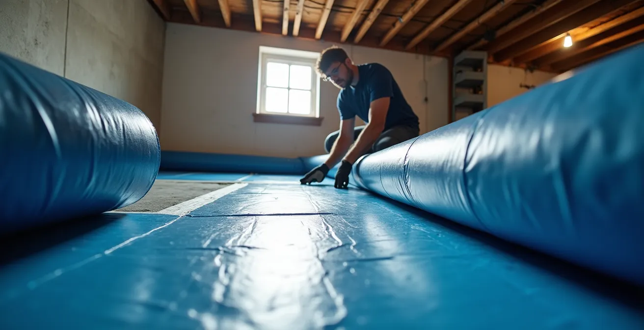 Installation professionnelle d'une membrane pare-vapeur Delta-FL dans un sous-sol québécois